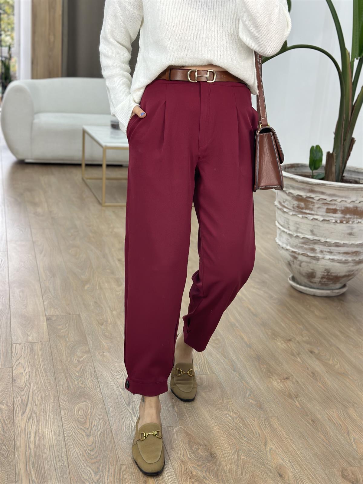 Arka Beli Lastikli Tasarım Paça Likralı Pantolon-Bordo