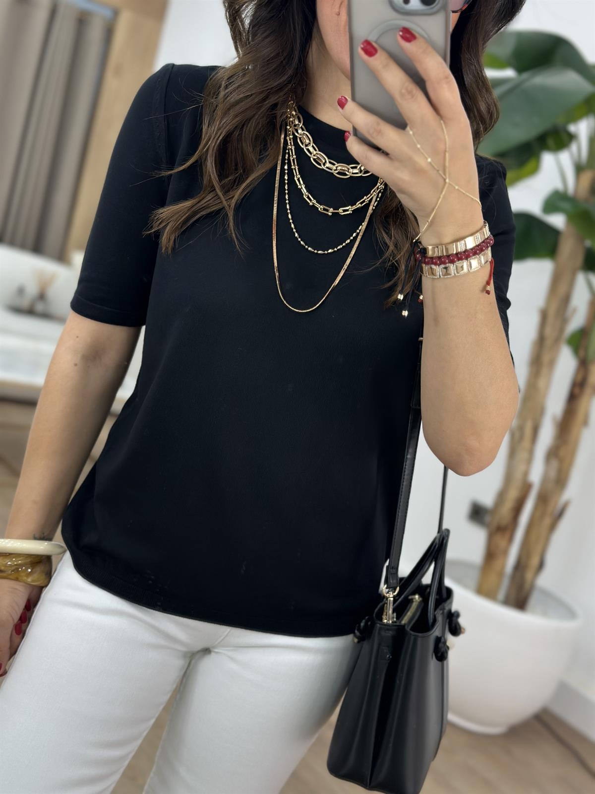 Arkası Damla Detaylı Bisiklet Yaka Triko - Siyah