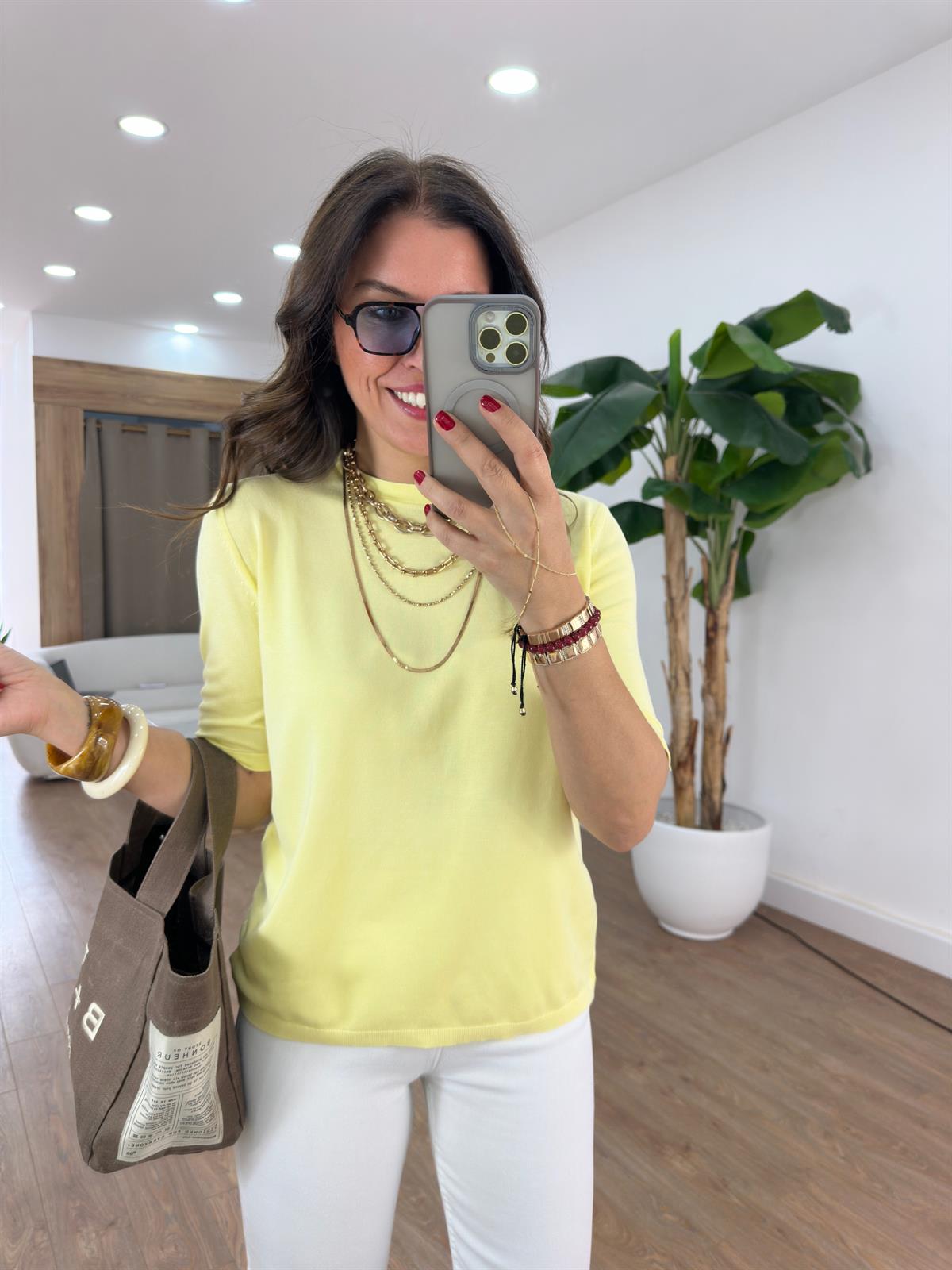 Arkası Damla Detaylı Bisiklet Yaka Triko - Sarı