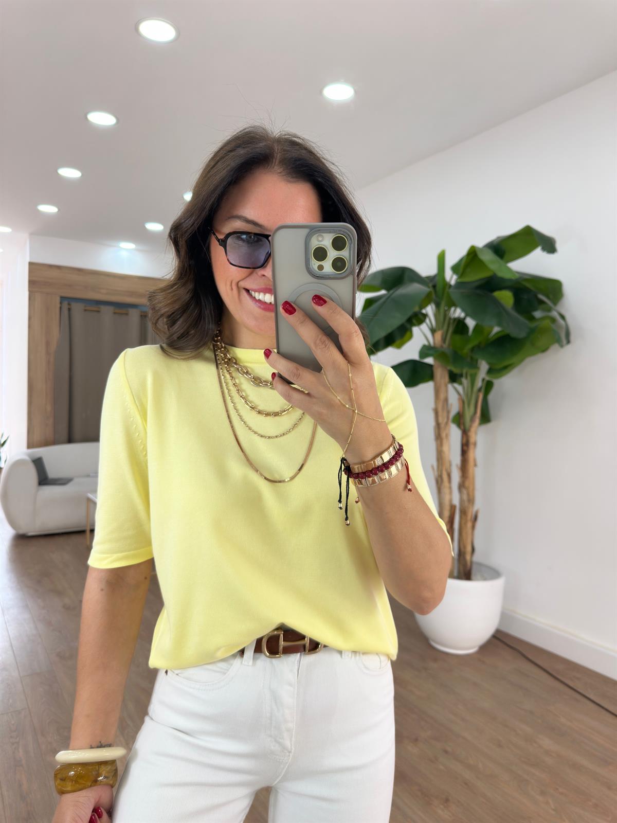 Arkası Damla Detaylı Bisiklet Yaka Triko - Sarı