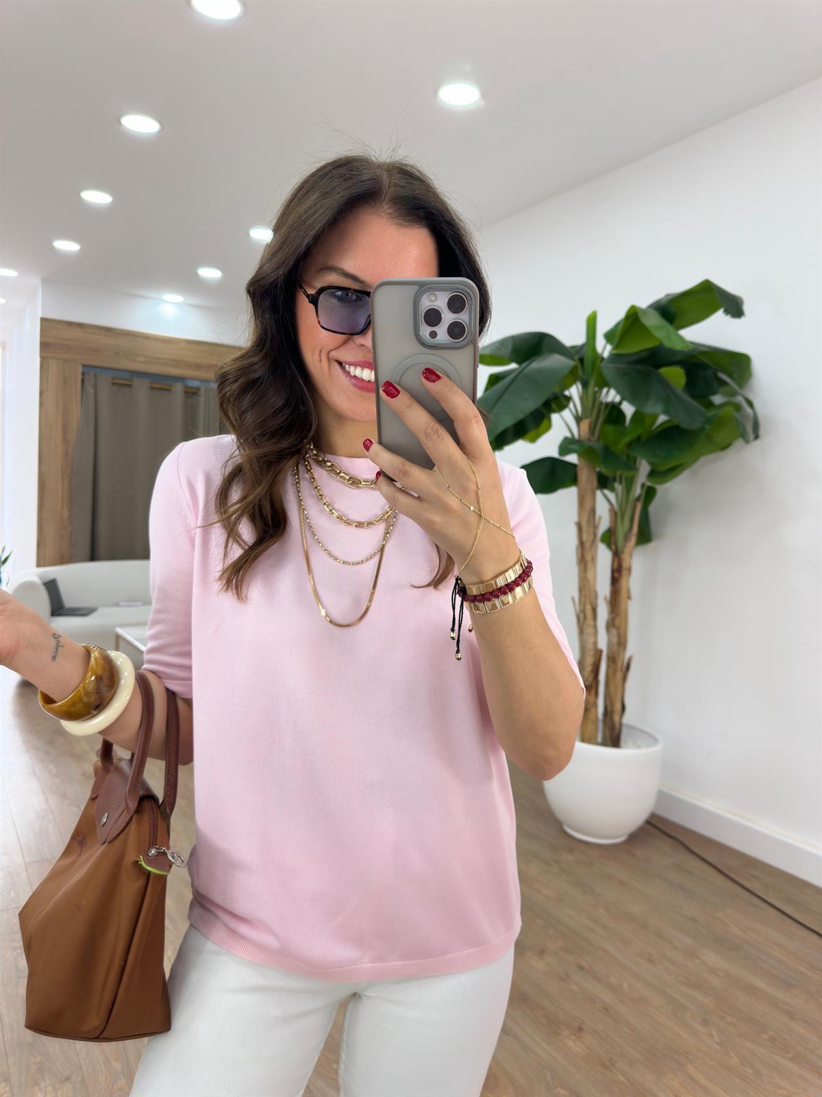 Arkası Damla Detaylı Bisiklet Yaka Triko - Pembe