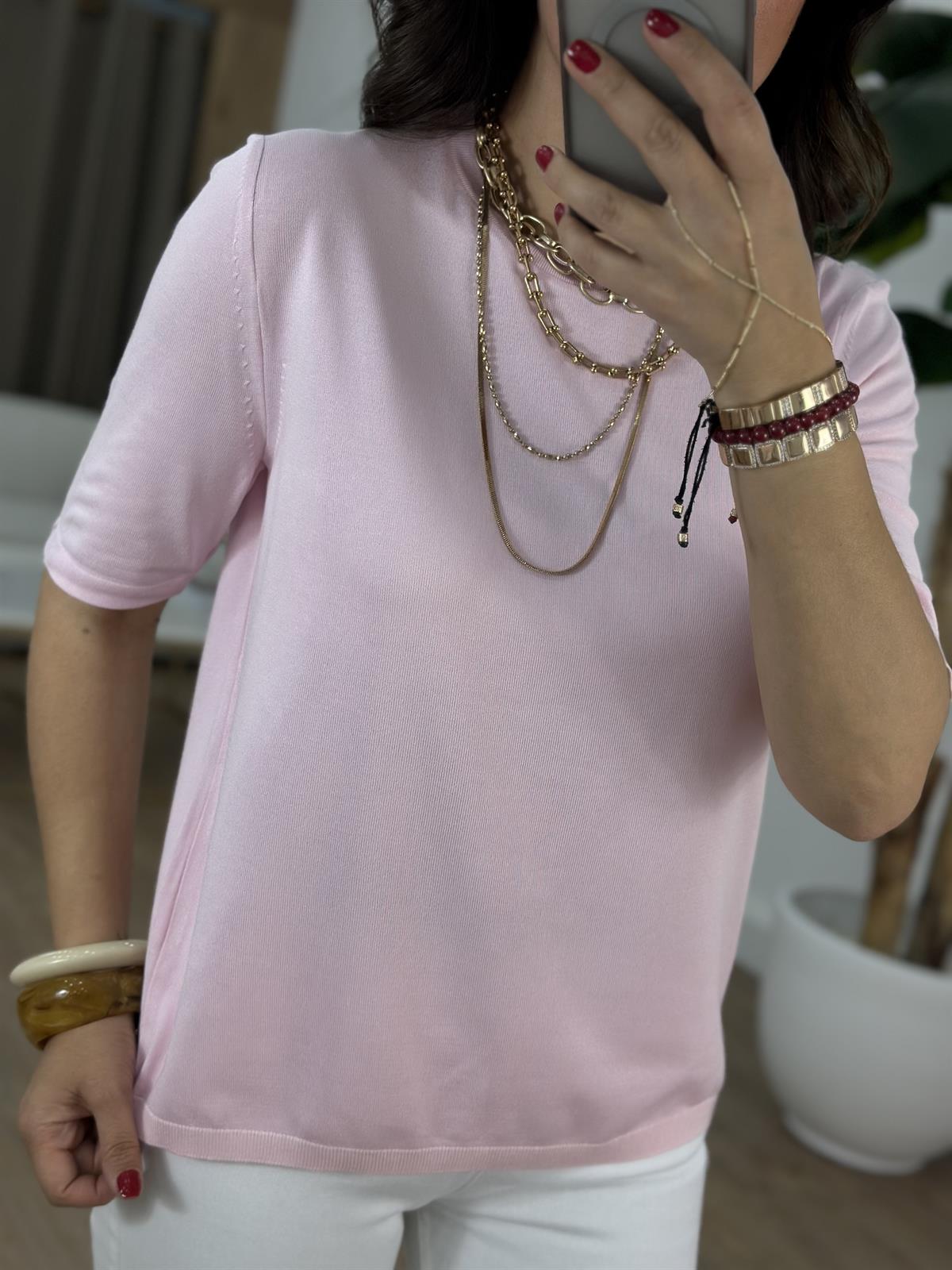 Arkası Damla Detaylı Bisiklet Yaka Triko - Pembe