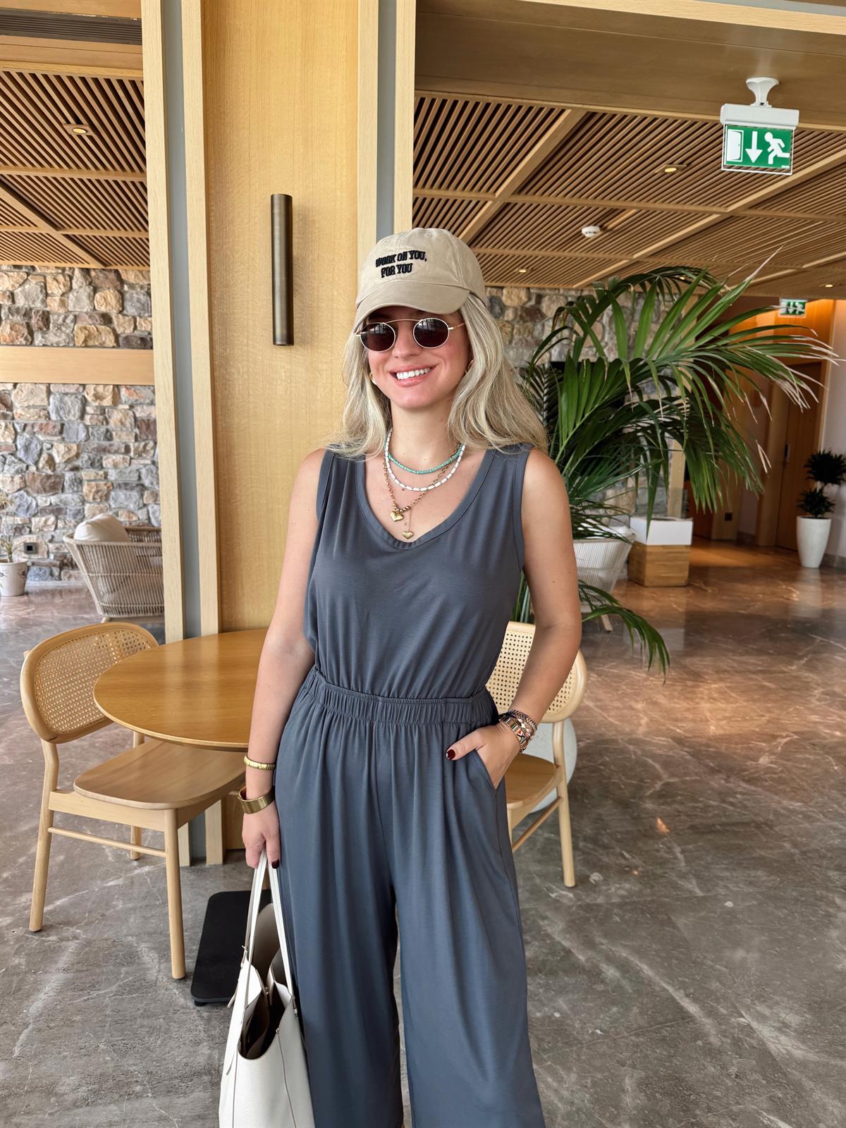 Arkası Dekolteli Viskon Tulum-Antrasit