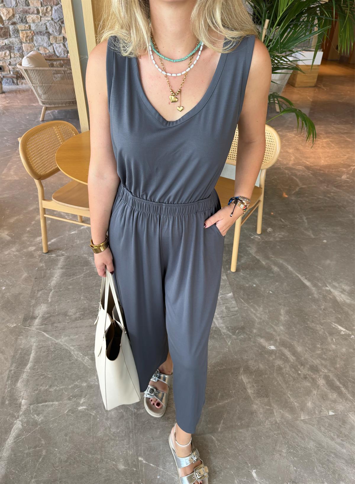 Arkası Dekolteli Viskon Tulum-Antrasit