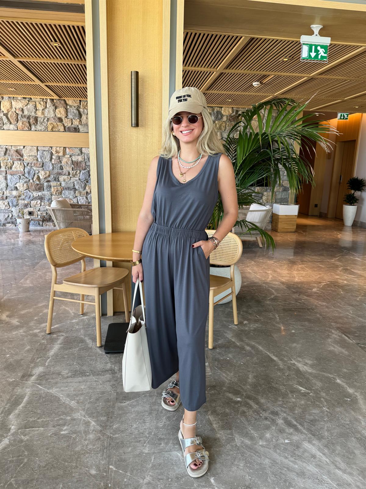 Arkası Dekolteli Viskon Tulum-Antrasit