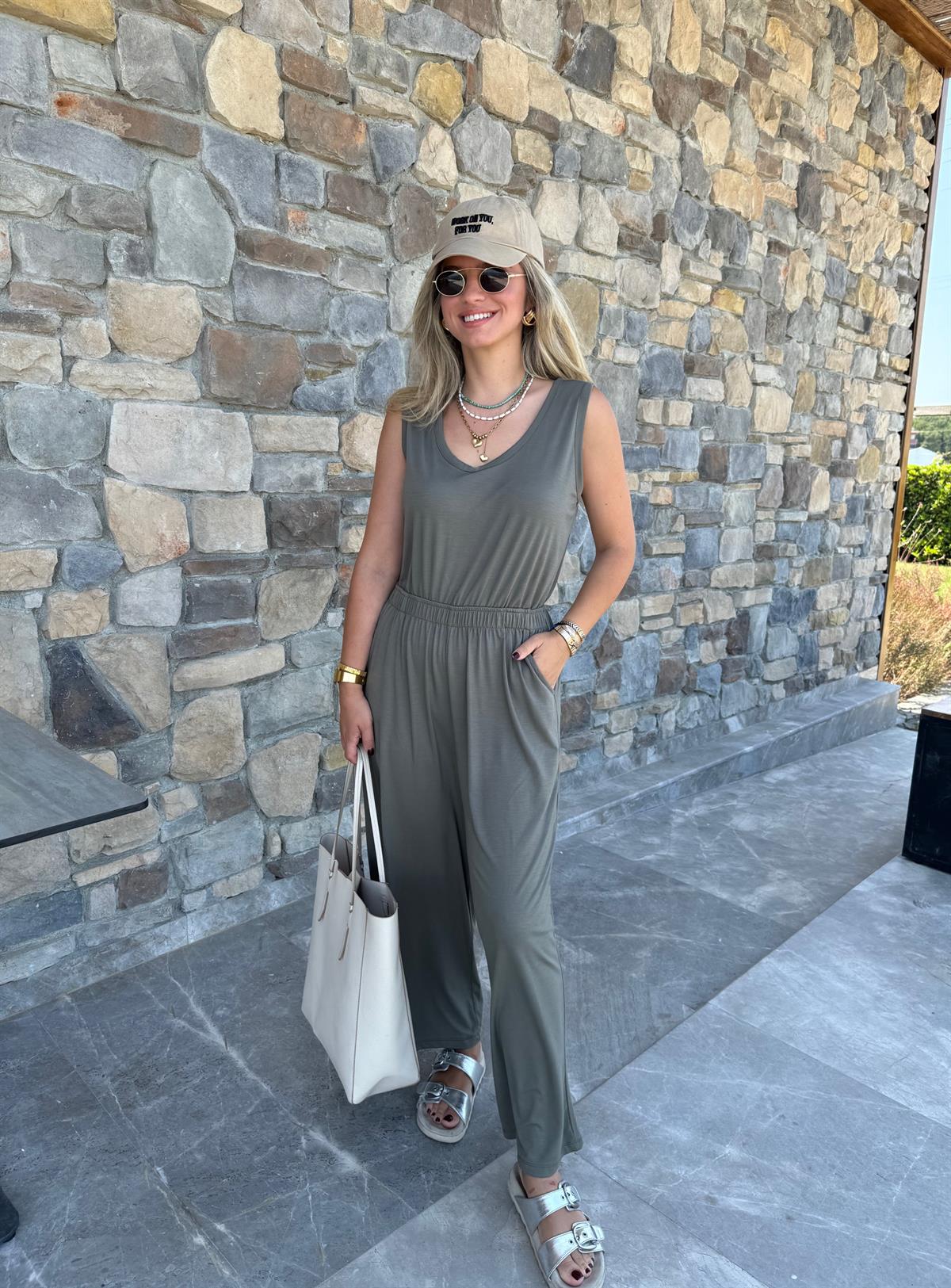 Arkası Dekolteli Viskon Tulum-Haki