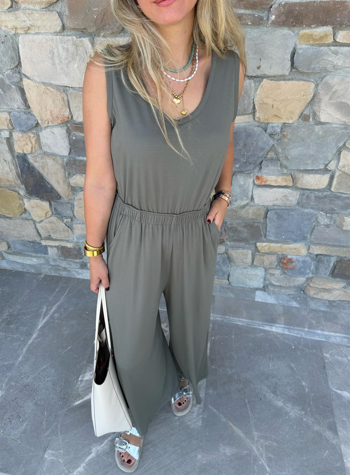 Arkası Dekolteli Viskon Tulum-Haki