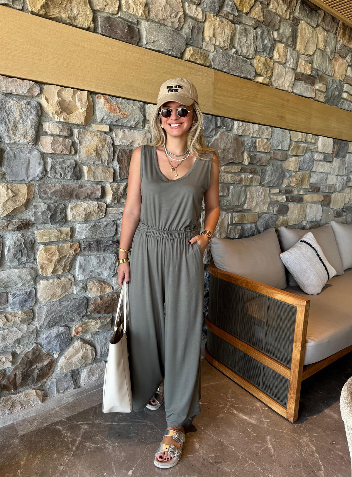 Arkası Dekolteli Viskon Tulum-Haki