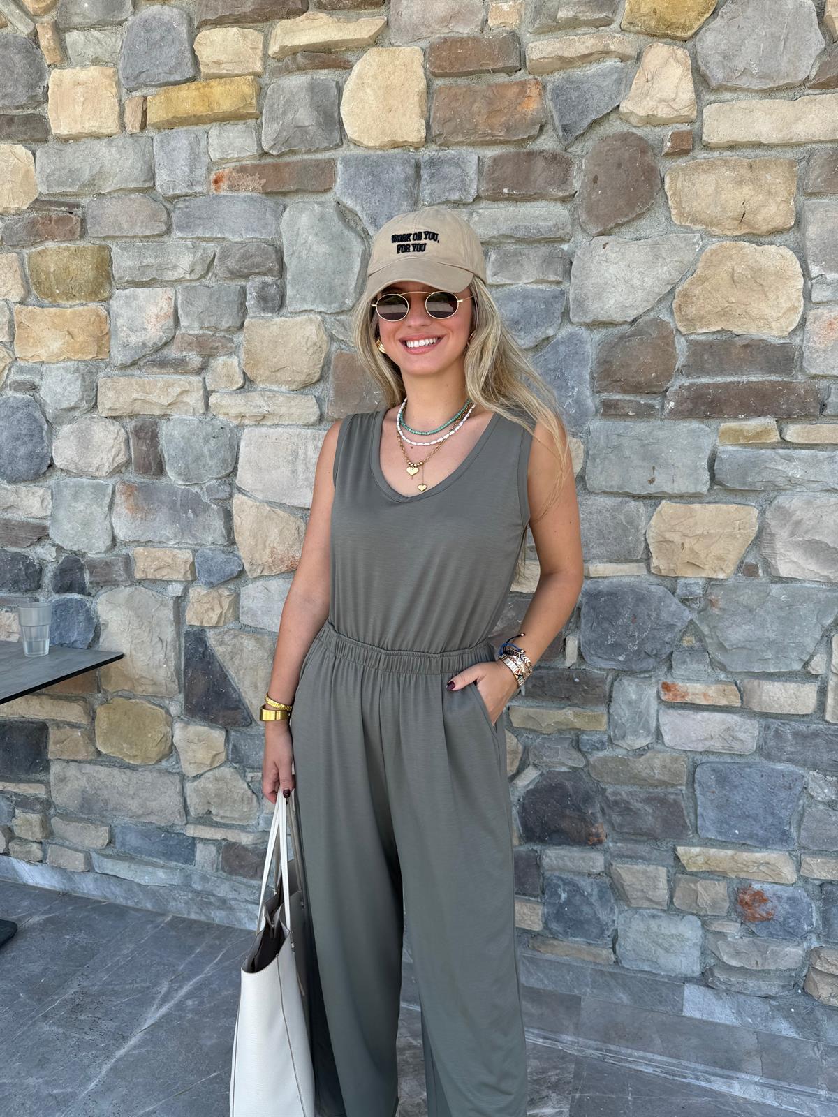 Arkası Dekolteli Viskon Tulum-Haki