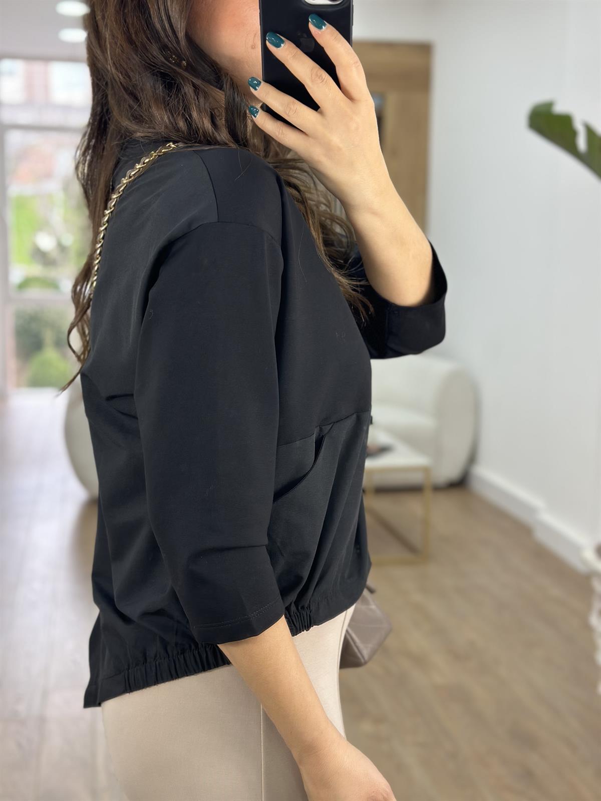 Arkası Gömlek Detaylı Cepli Sweatshirt-Siyah