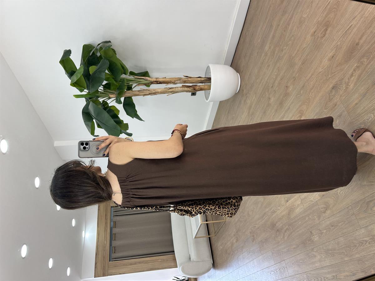 Arkası Lastikli Pamuk Keten Elbise - Kahverengi