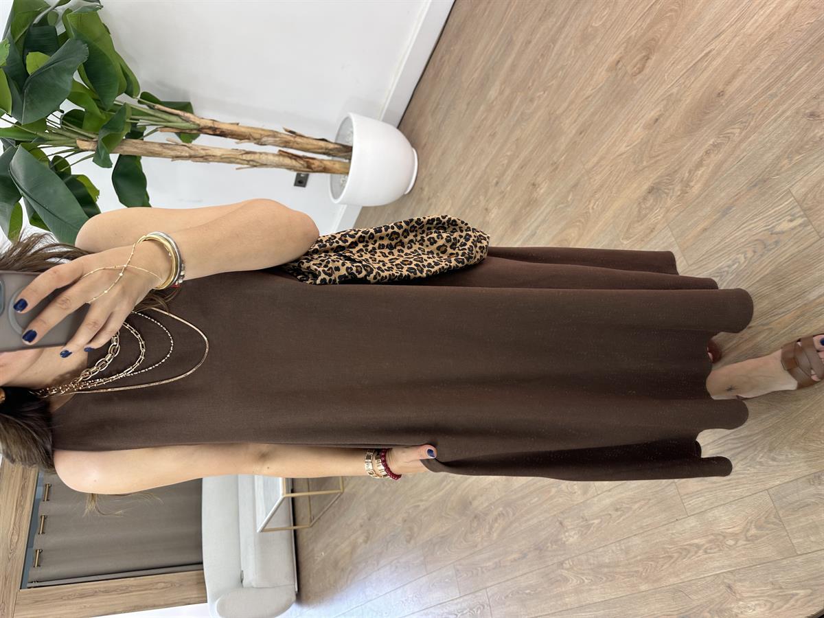 Arkası Lastikli Pamuk Keten Elbise - Kahverengi