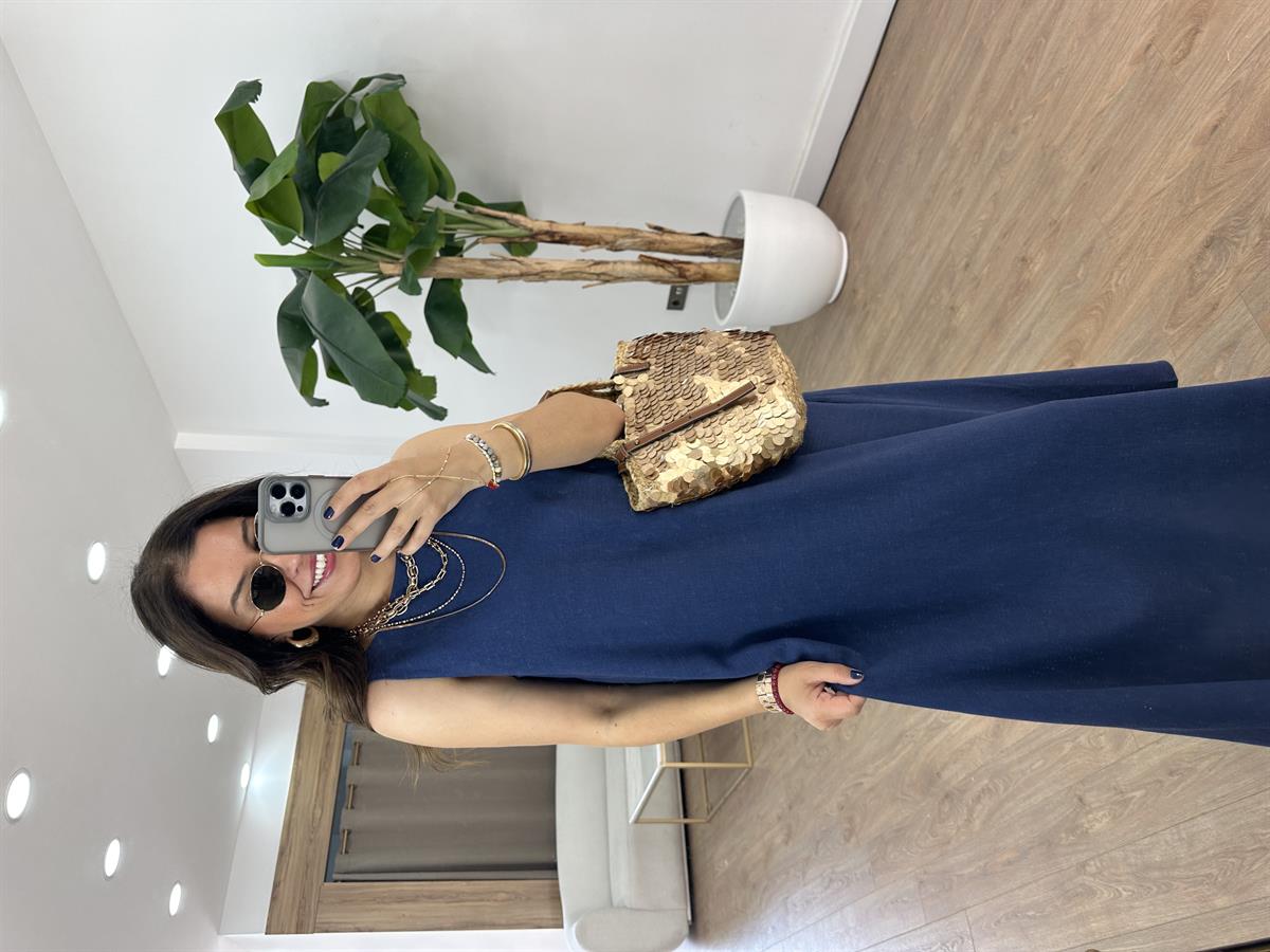 Arkası Lastikli Pamuk Keten Elbise - Lacivert