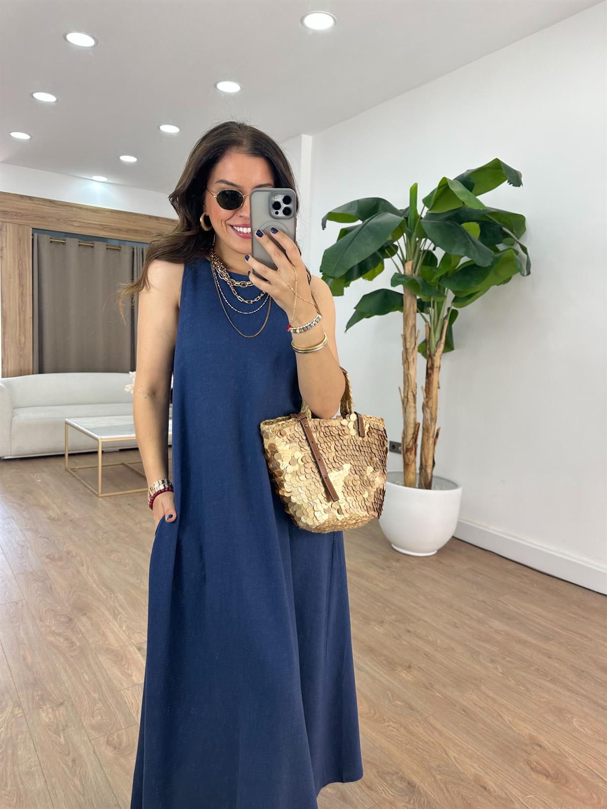 Arkası Lastikli Pamuk Keten Elbise - Lacivert