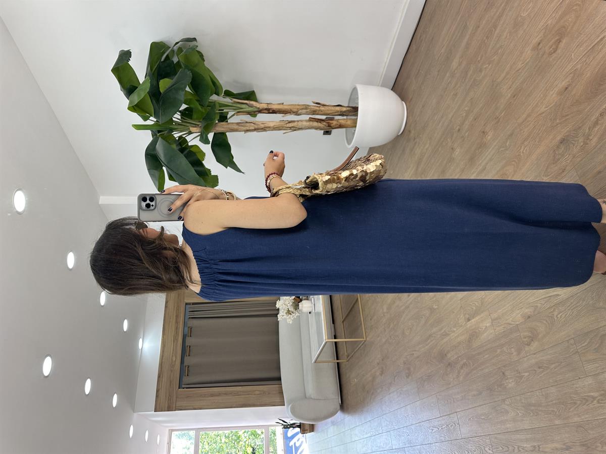 Arkası Lastikli Pamuk Keten Elbise - Lacivert