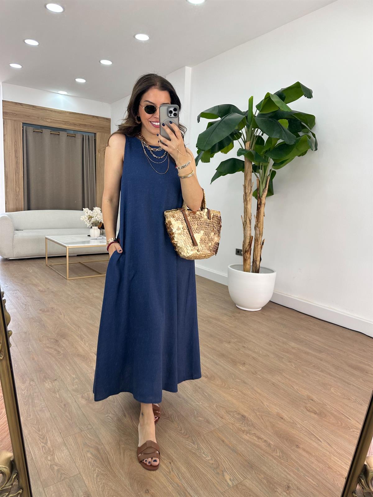 Arkası Lastikli Pamuk Keten Elbise - Lacivert