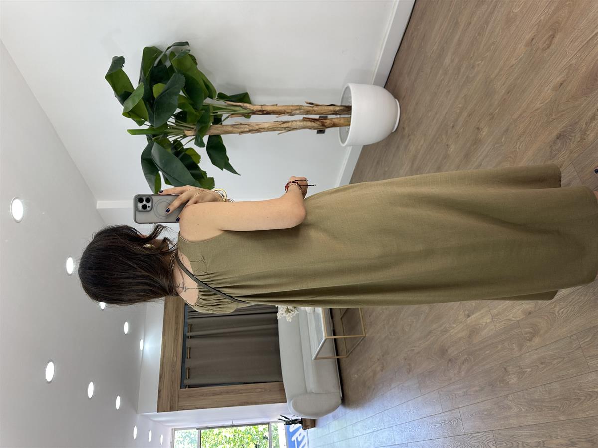 Arkası Lastikli Pamuk Keten Elbise - Yağ Yeşili