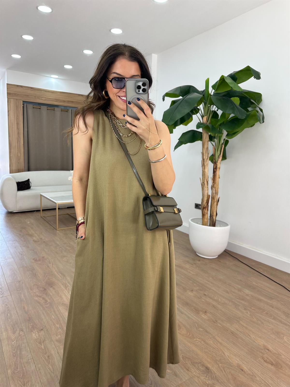 Arkası Lastikli Pamuk Keten Elbise - Yağ Yeşili