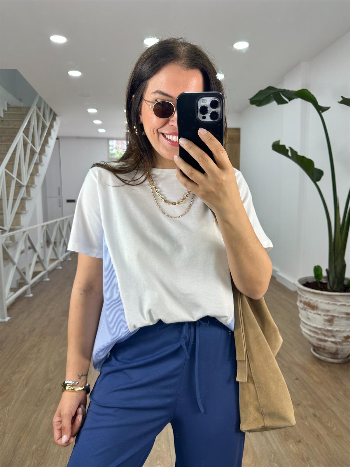 Arkası Poplin Detaylı Basic Tişört-Mavi
