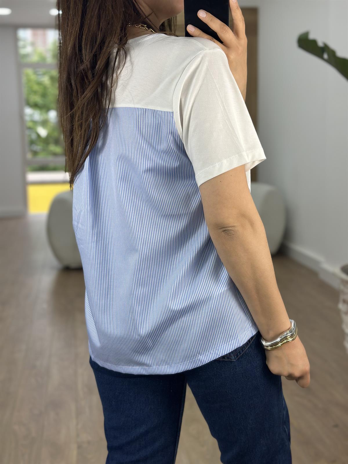 Arkası Poplin Detaylı Basic Tişört-Mavi