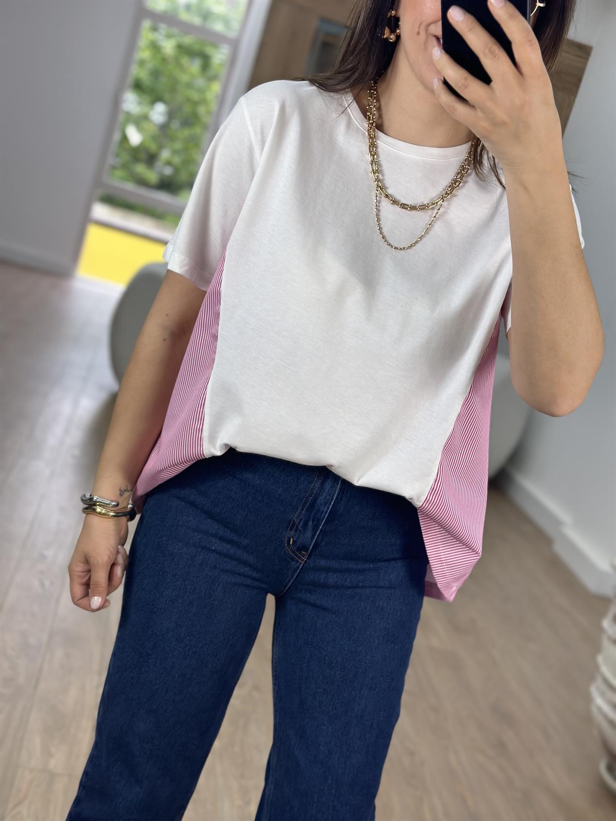Arkası Poplin Detaylı Basic Tişört-Pembe