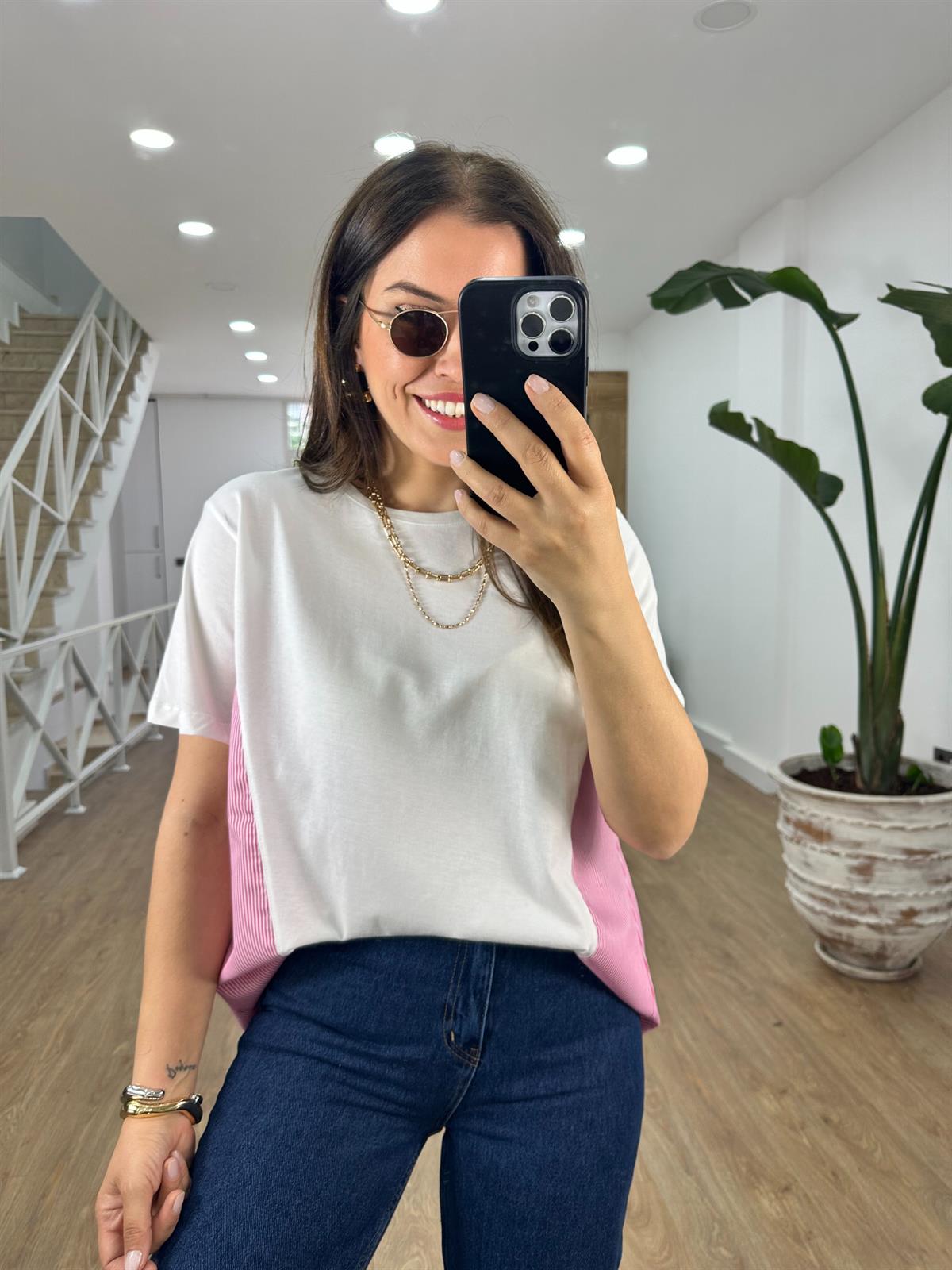 Arkası Poplin Detaylı Basic Tişört-Pembe