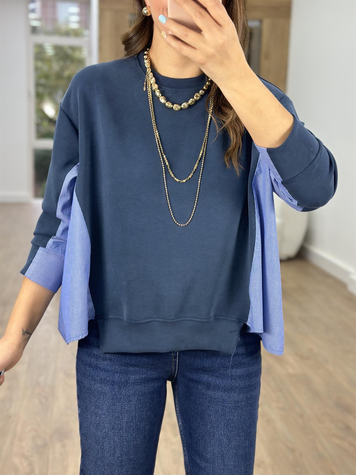 Arkası Poplin Detaylı Modal Sweatshirt-İndigo