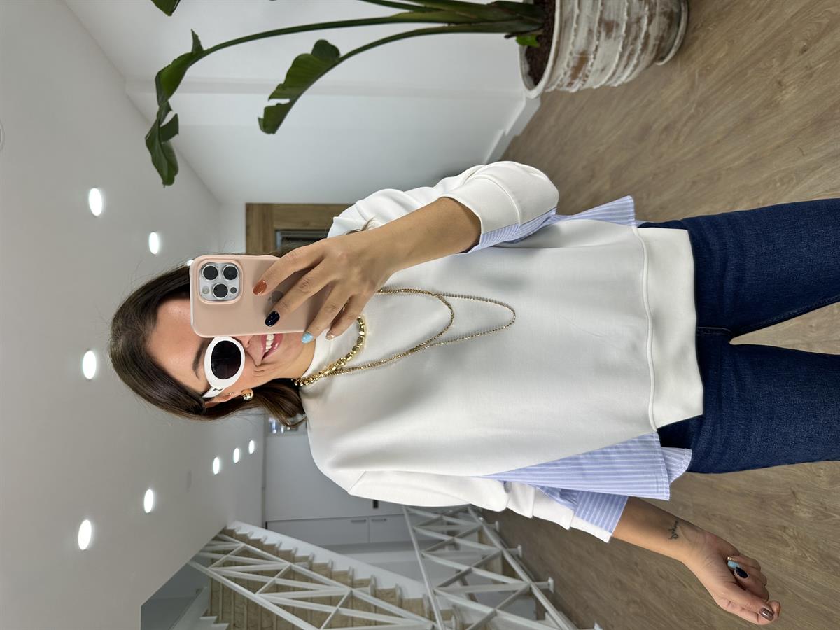 Arkası Poplin Detaylı Modal Sweatshirt-Ekru