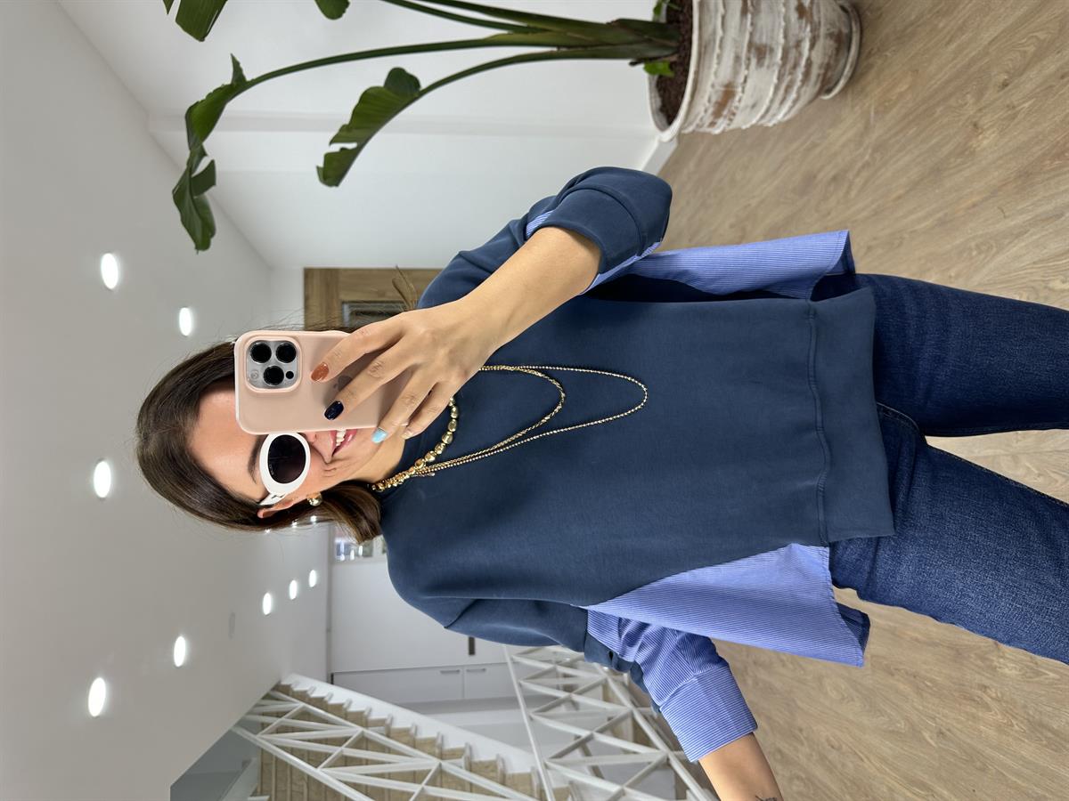 Arkası Poplin Detaylı Modal Sweatshirt-İndigo