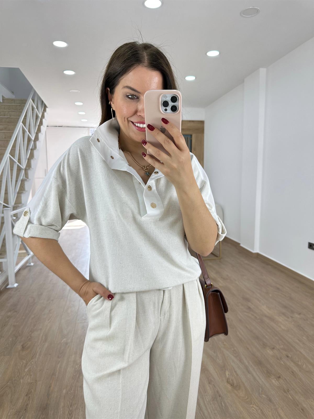 Arkası Poplin Detaylı Tasarım Yaka Keten Sweatshirt