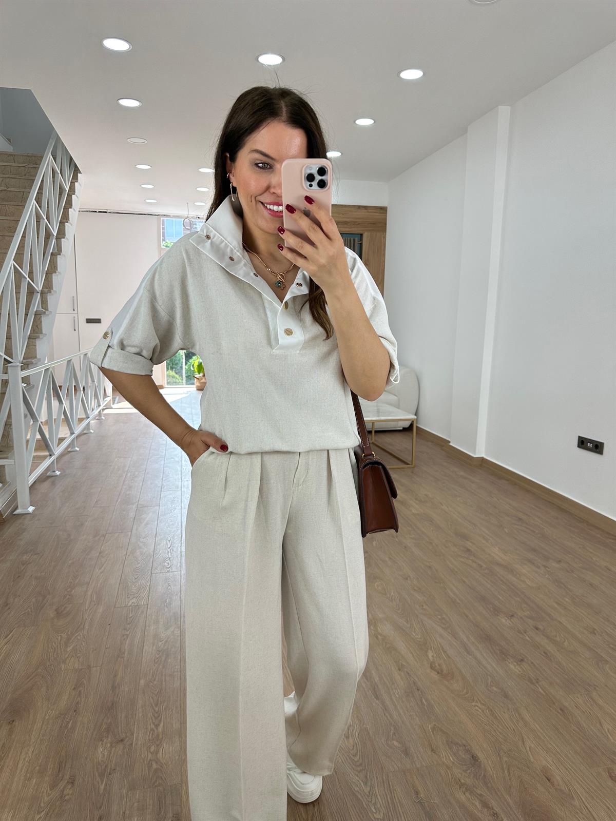 Arkası Poplin Detaylı Tasarım Yaka Keten Sweatshirt