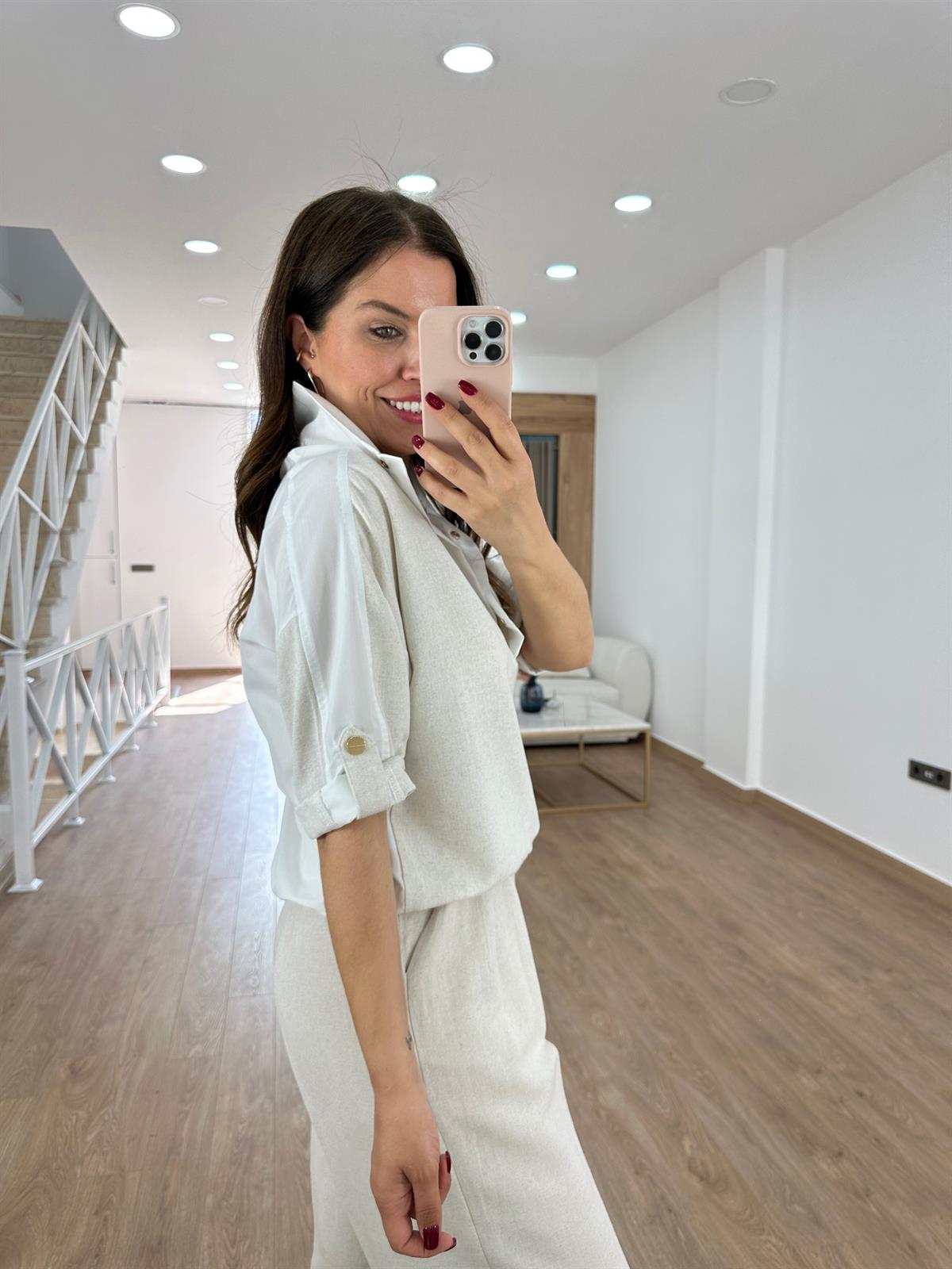 Arkası Poplin Detaylı Tasarım Yaka Keten Sweatshirt