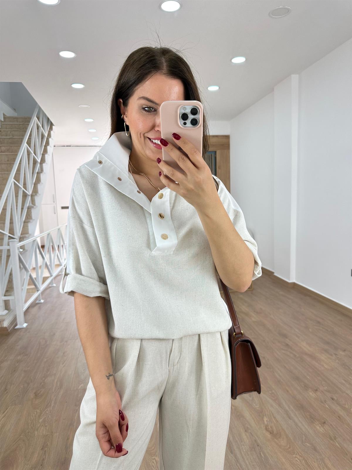 Arkası Poplin Detaylı Tasarım Yaka Keten Sweatshirt