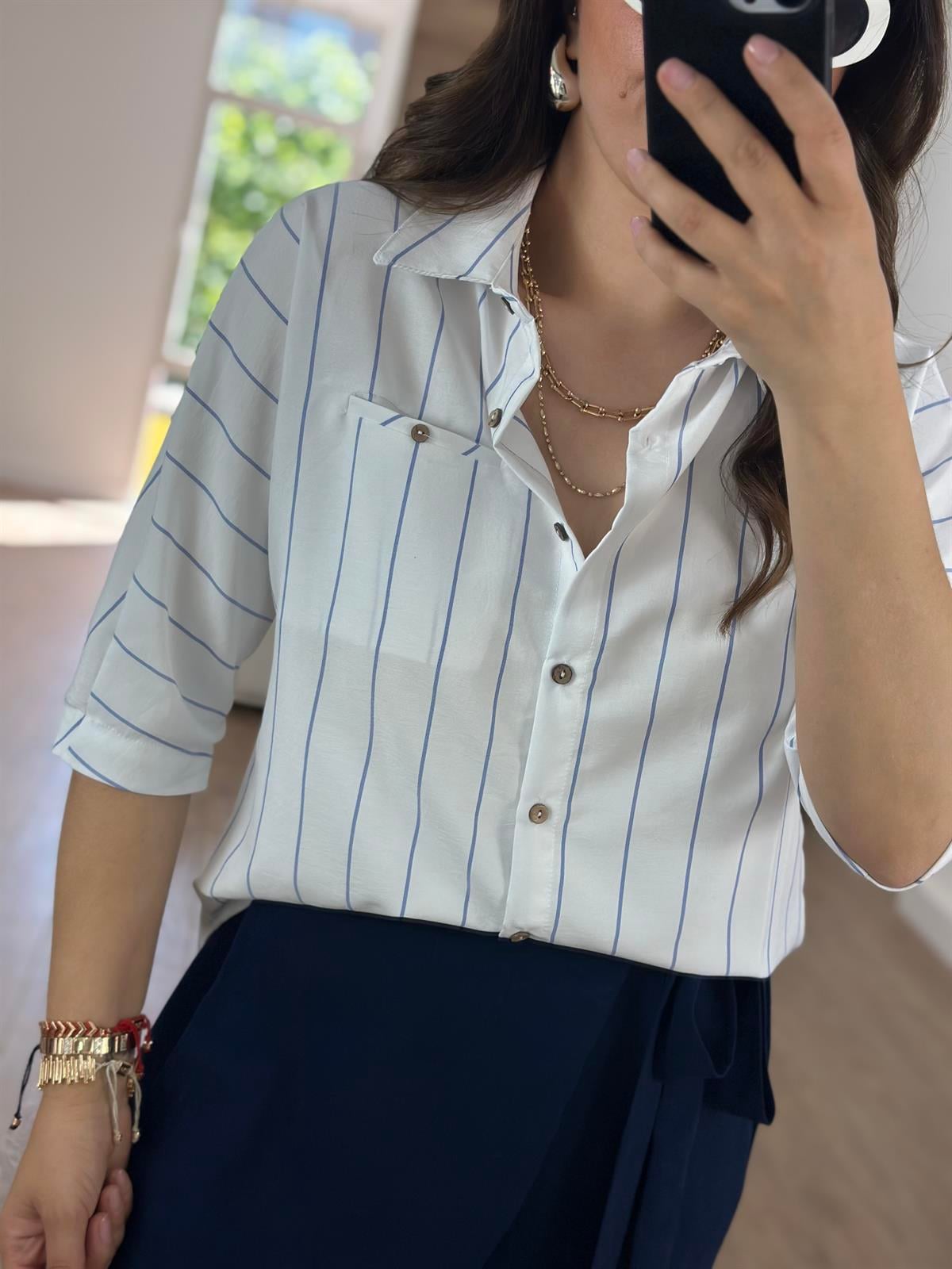 Arkası Uzun Çizgili Tiril Gömlek-Mavi