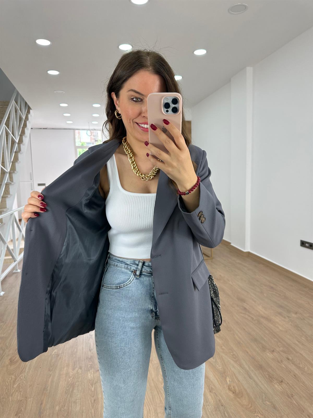 Armalı Blazer Ceket-Gri