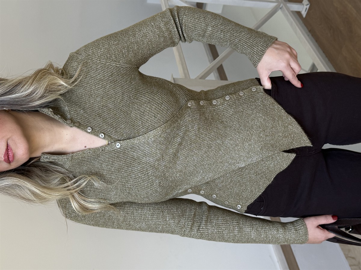 Asimetrik Beli Düğmeli Fitilli Triko - Haki