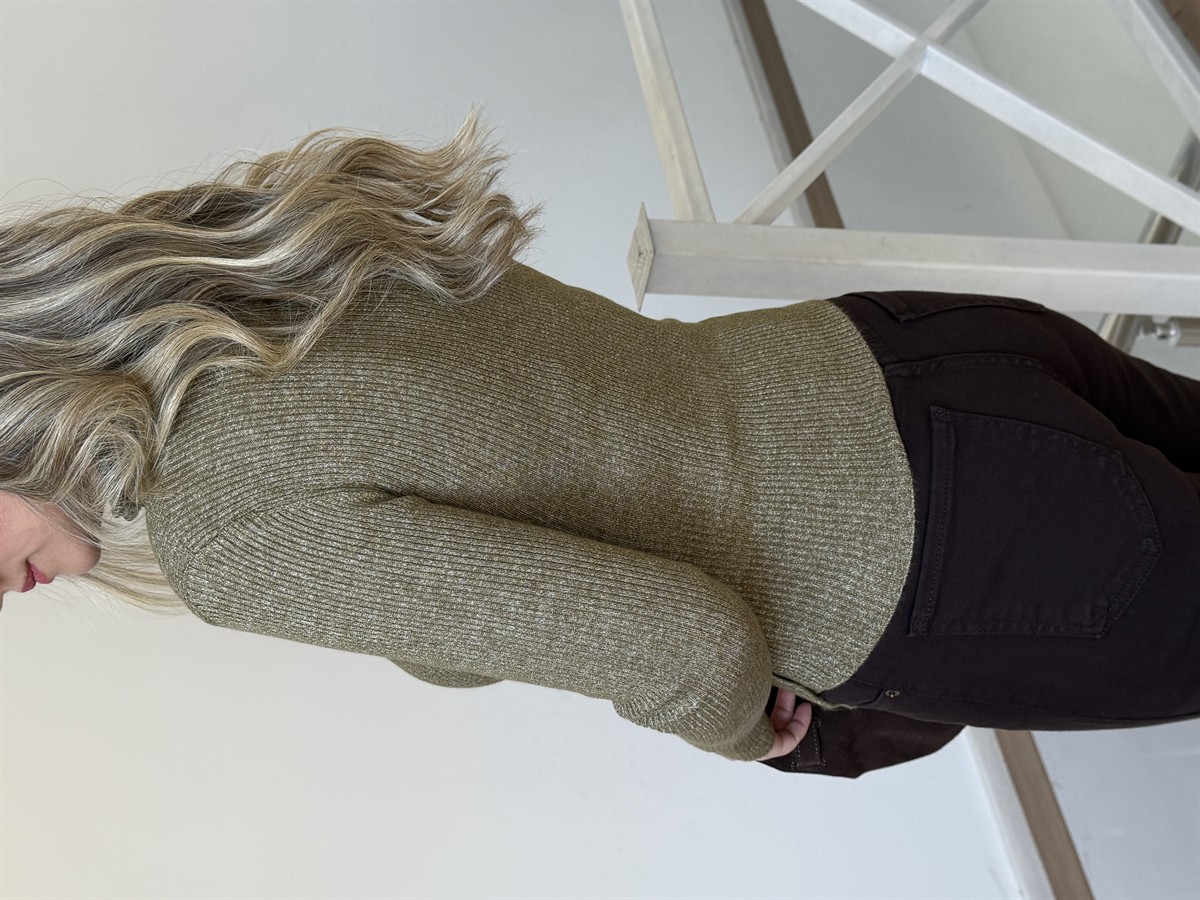 Asimetrik Beli Düğmeli Fitilli Triko - Haki