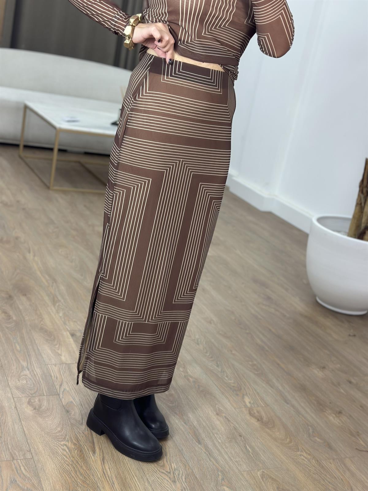 Asimetrik Desenli Tül Maxi Etek Bluz Takım 