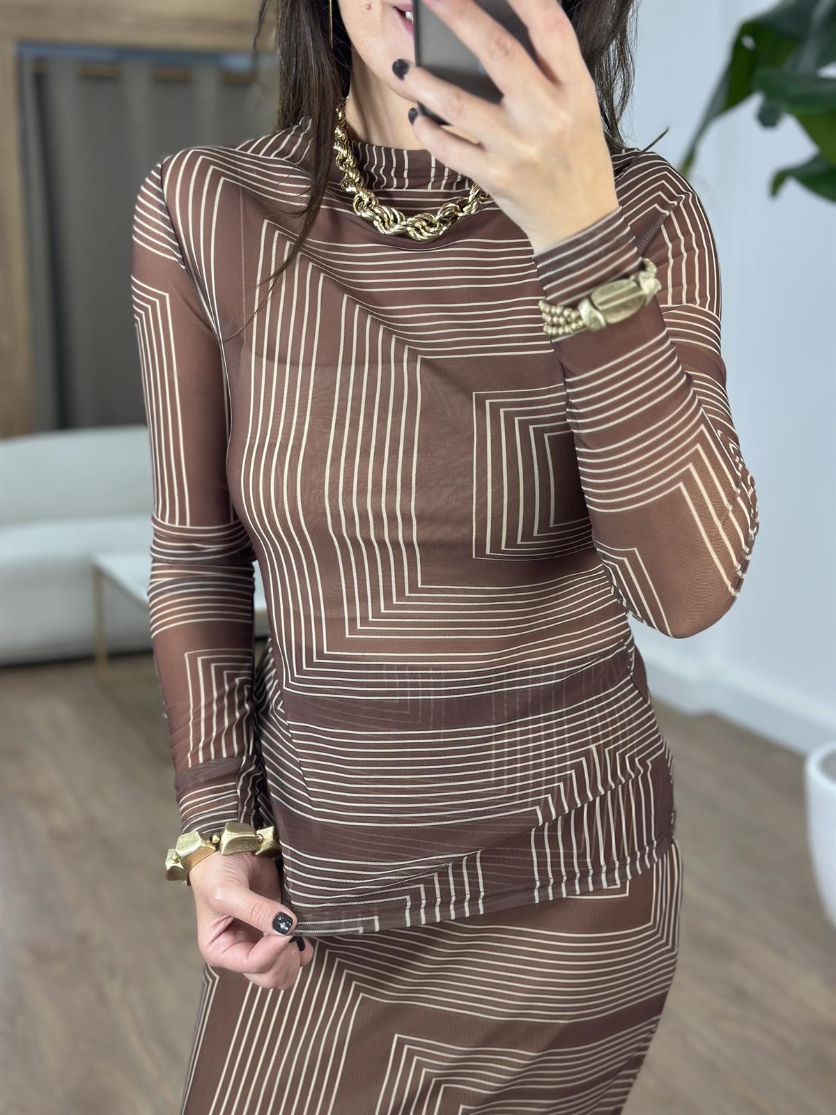 Asimetrik Desenli Tül Maxi Etek Bluz Takım 