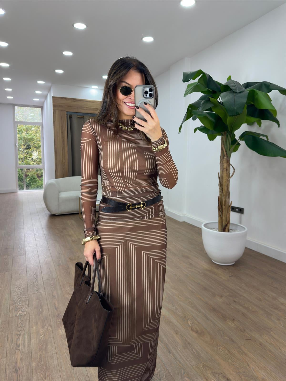 Asimetrik Desenli Tül Maxi Etek Bluz Takım 