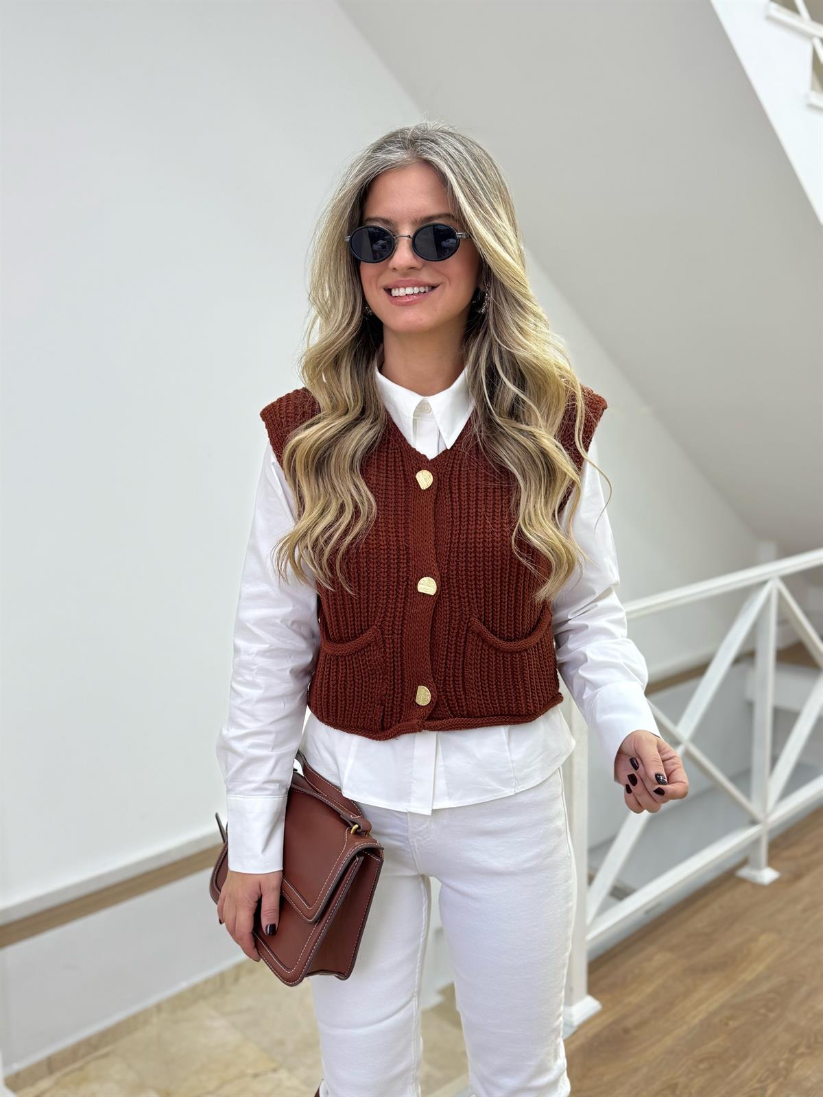 Asimetrik Gold Düğmeli Süveter - Kahverengi