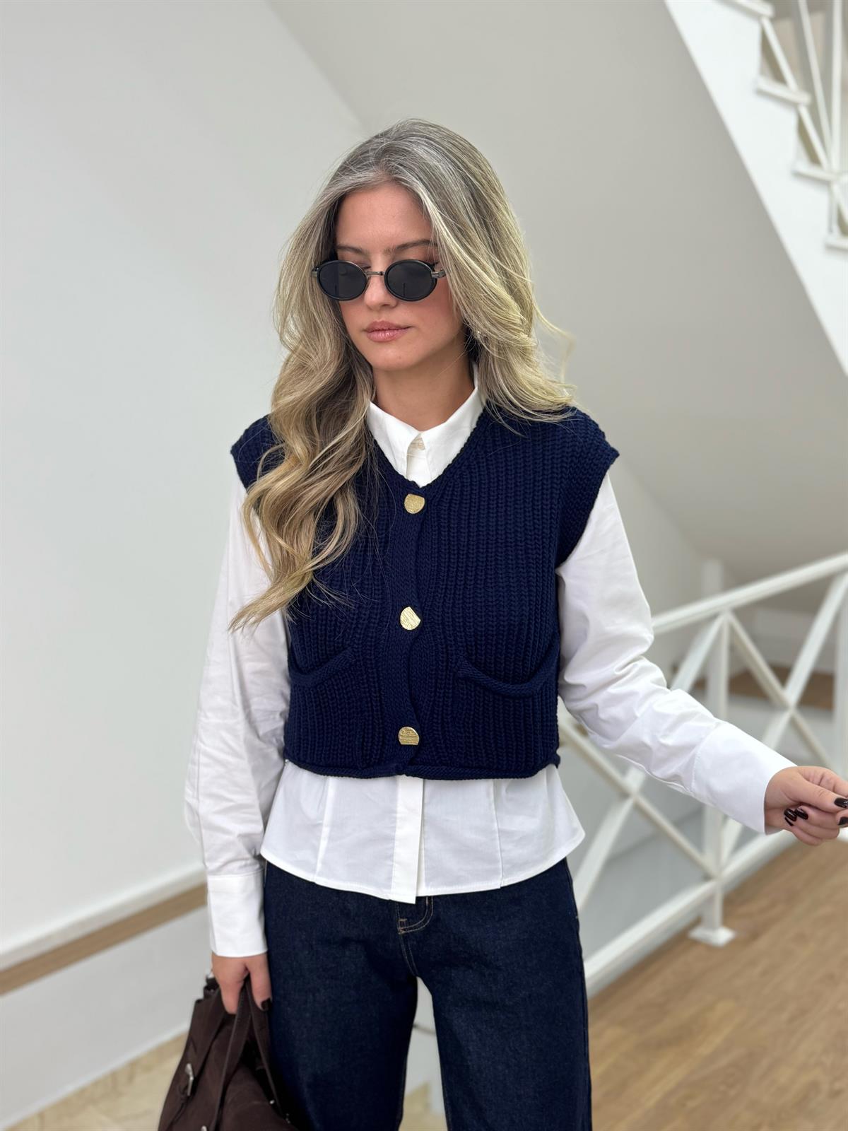 Asimetrik Gold Düğmeli Süveter - Lacivert