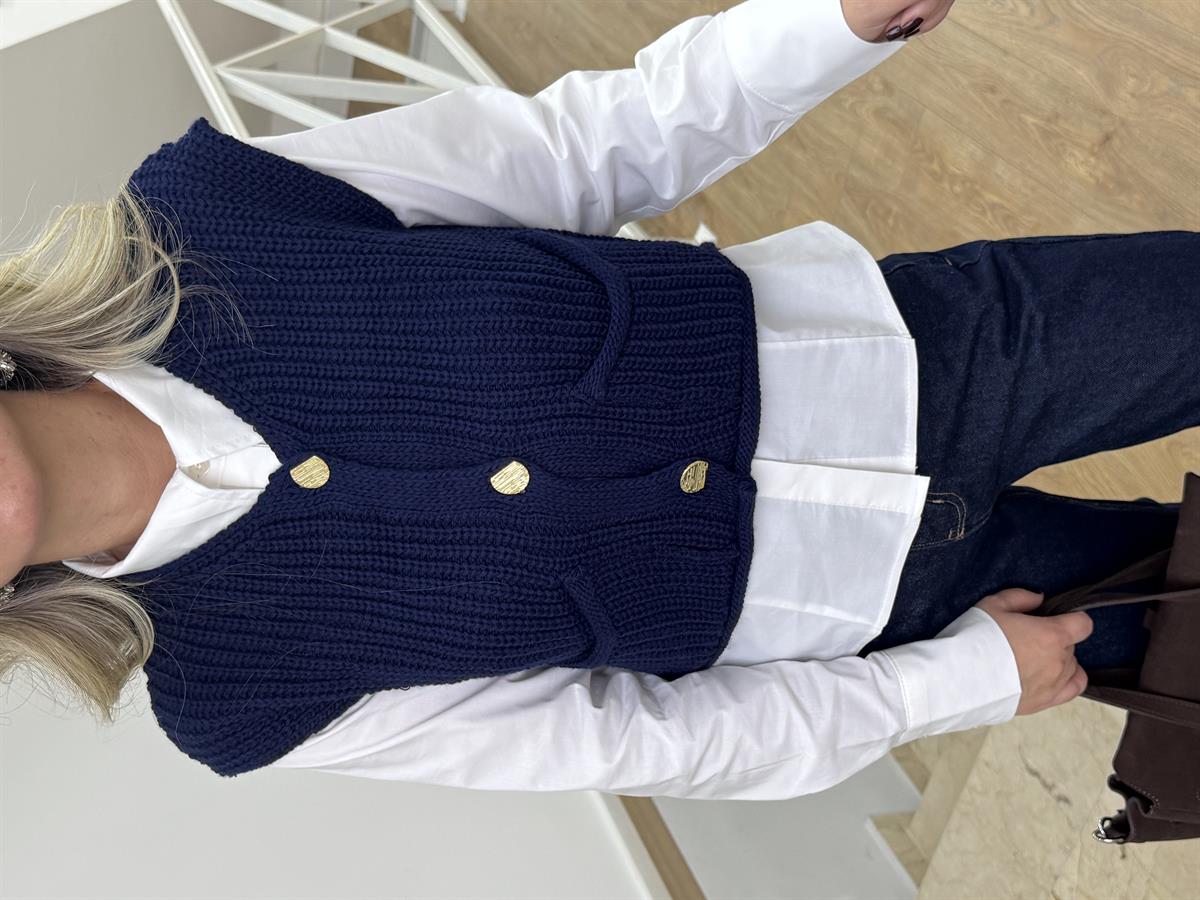 Asimetrik Gold Düğmeli Süveter - Lacivert