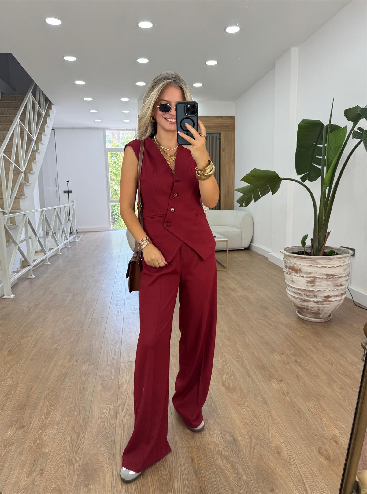 Asimetrik Kesim Yelekli Takım - Bordo