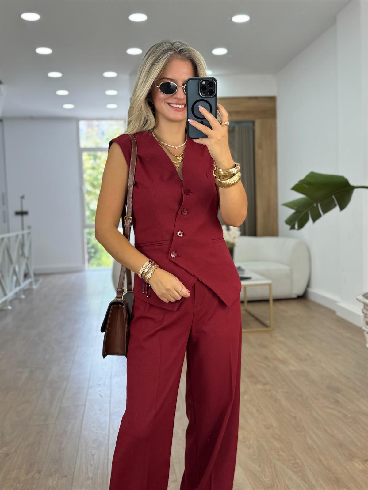 Asimetrik Kesim Yelekli Takım - Bordo