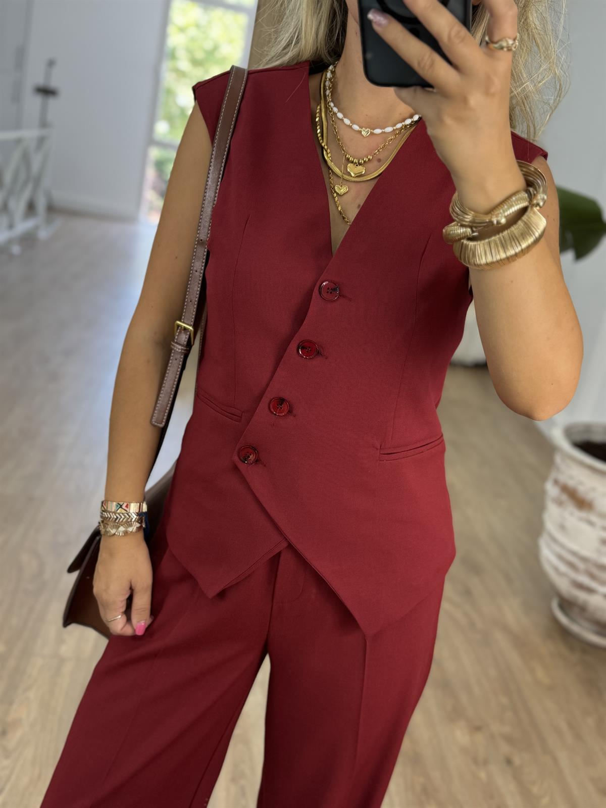 Asimetrik Kesim Yelekli Takım - Bordo