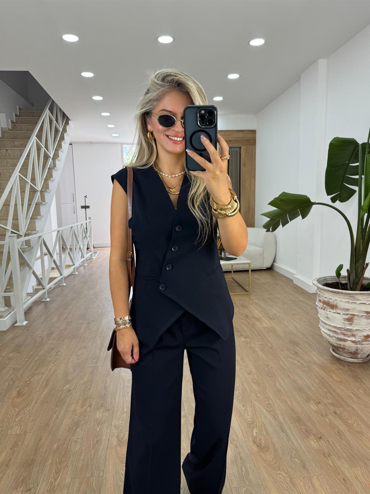 Asimetrik Kesim Yelekli Takım - Lacivert