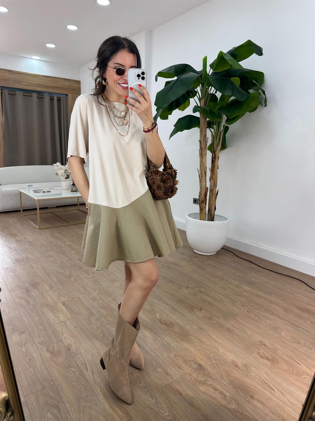 Asimetrik Mini Elbise - Bej