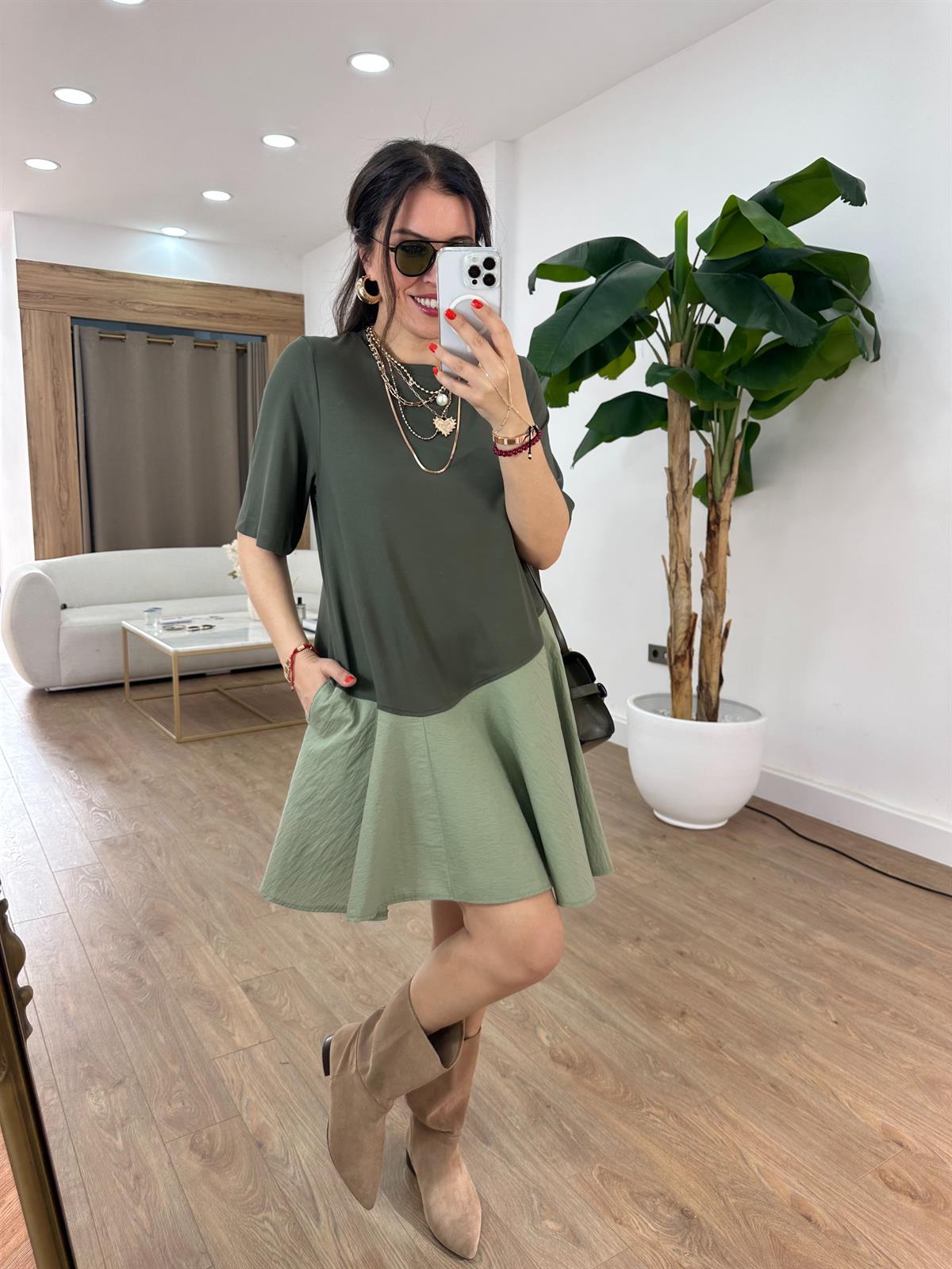 Asimetrik Mini Elbise - Haki