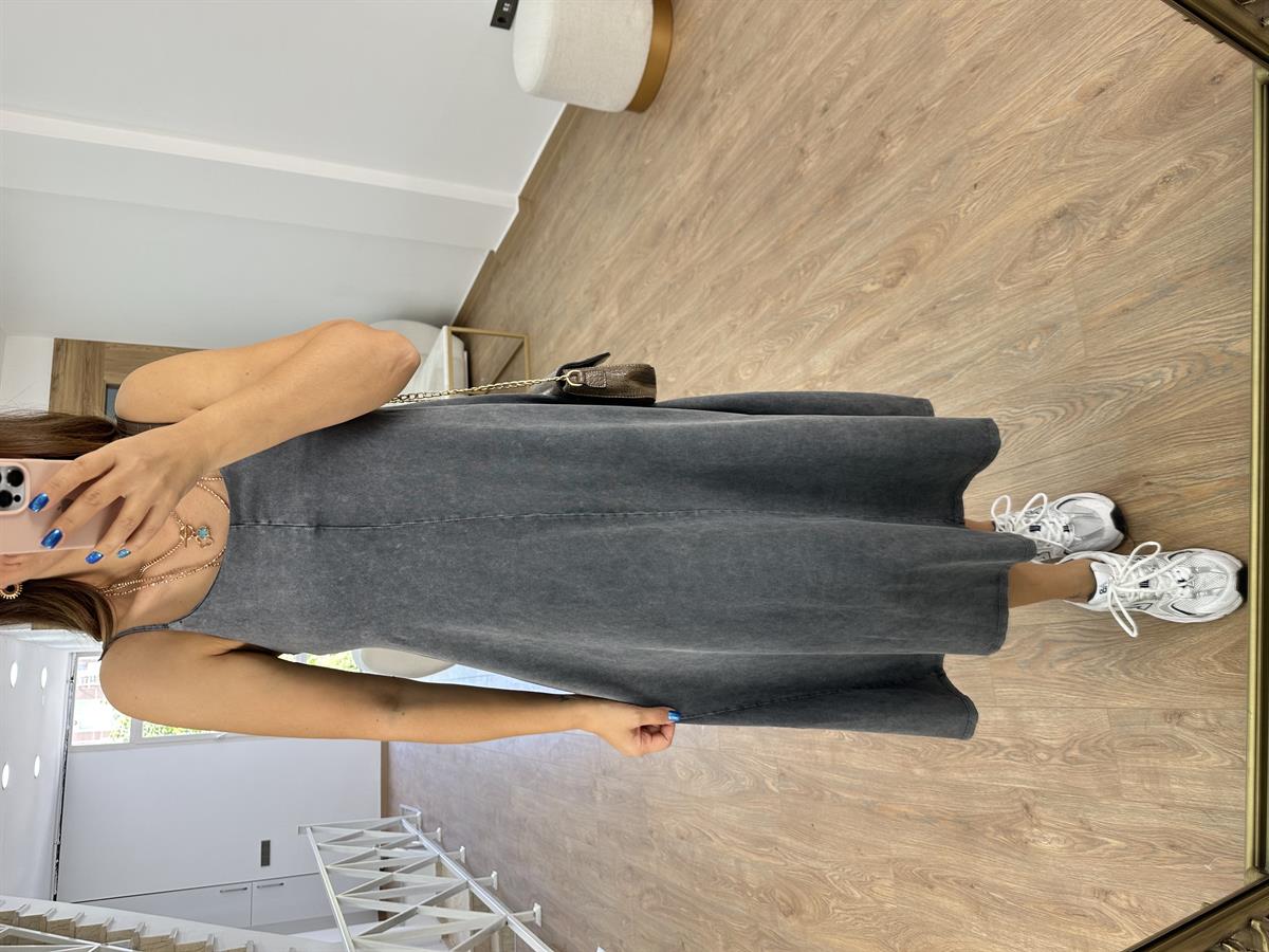 Askıları Ayarlanabilir Antrasit Yıkamalı Elbise 